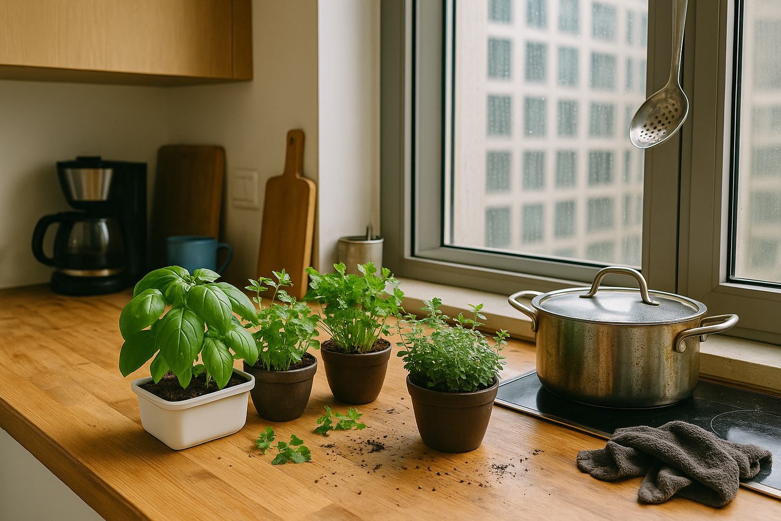 Herb plants in pots on a kitchen counter with a window in the background